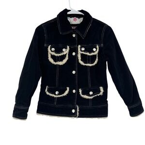 Dollhouse Y2K Black Corduroy Faux Fur Trim Quilted Floral Lined Trucker Jacket L